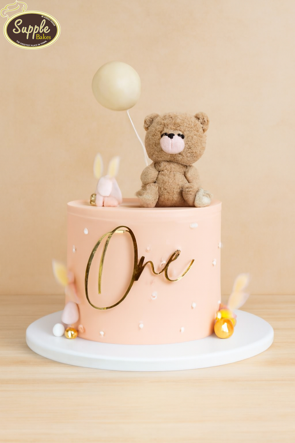 Peach Teddy First Birthday Cake