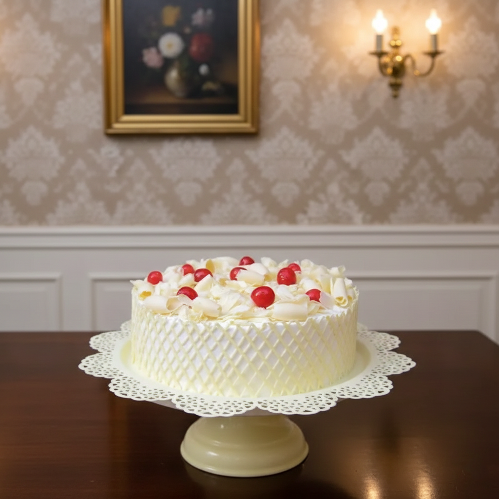 Snowy White Forest Garden Cake